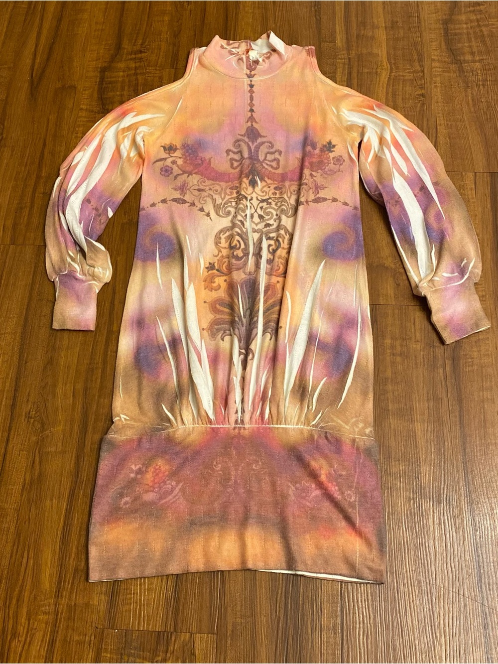 New Boho Tie-Dye Knit Mini Dress with Ornate Print - Peach/Purple